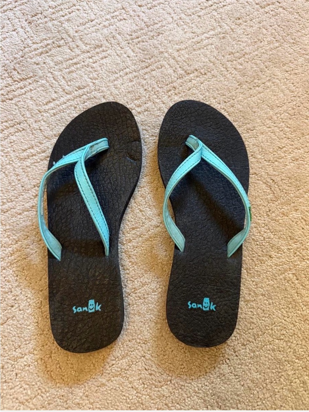 Sanuk Women's Black Flip Flops with Teal Straps